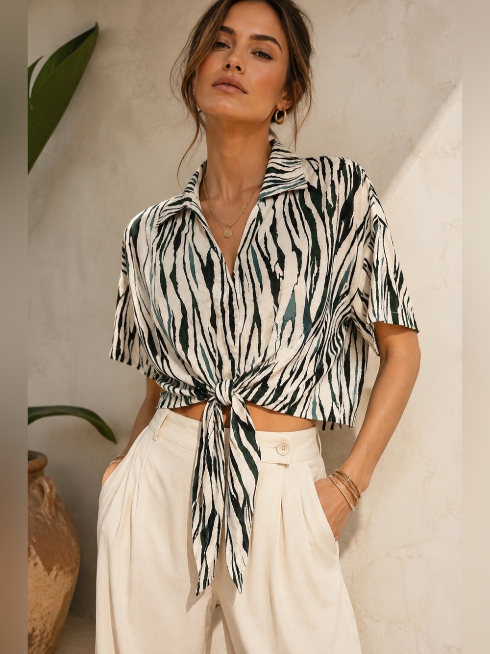 Marc New York Jeans Zebra Print Tie Front Crop Blouse Green Black L